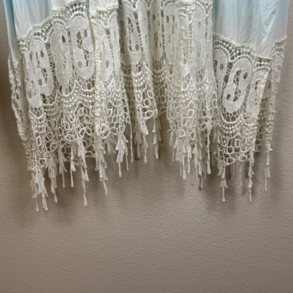 CHICO'S Dip Dye Ruana Aqua Ombre Lightweight Cover Lace Fringe / L-XL - Picture 6 of 14